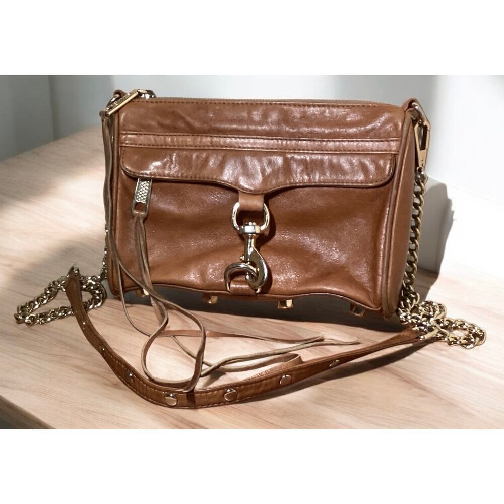 Rebecca Minkoff leather and light gold chain hardware with dog-clip crossbody